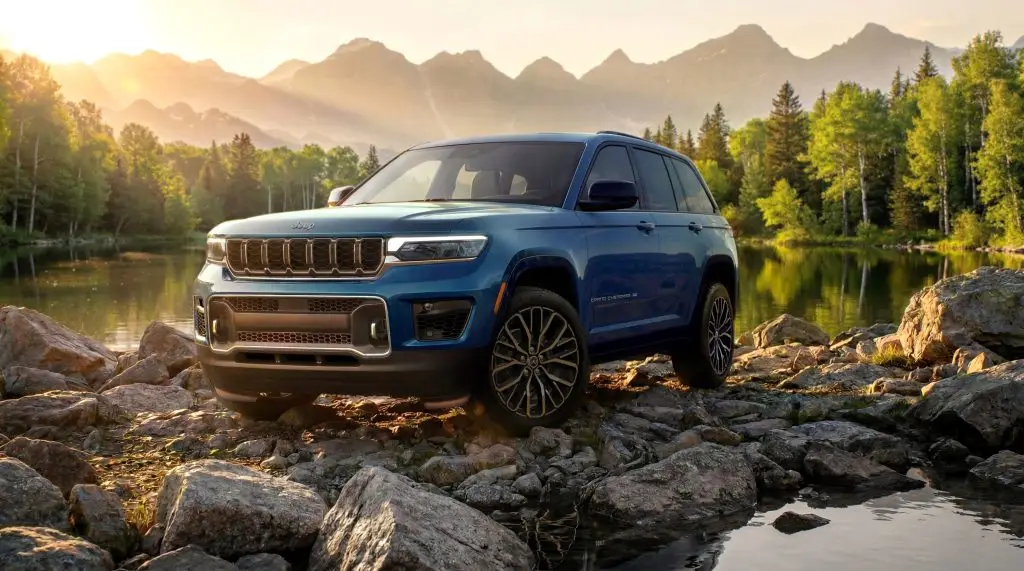 The 2027 Jeep® Grand Cherokee Overland front three-quarter view near water.