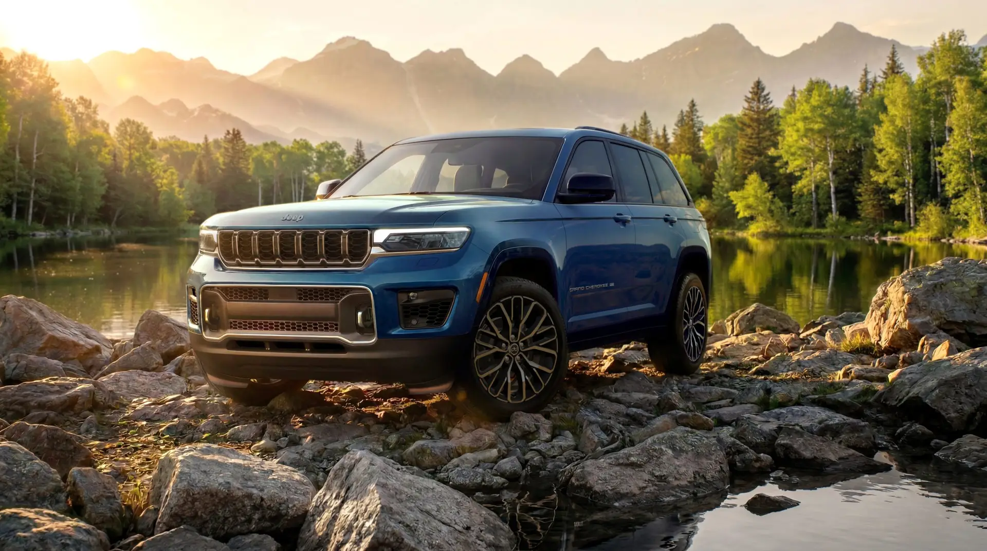 The 2027 Jeep® Grand Cherokee Overland front three-quarter view near water.